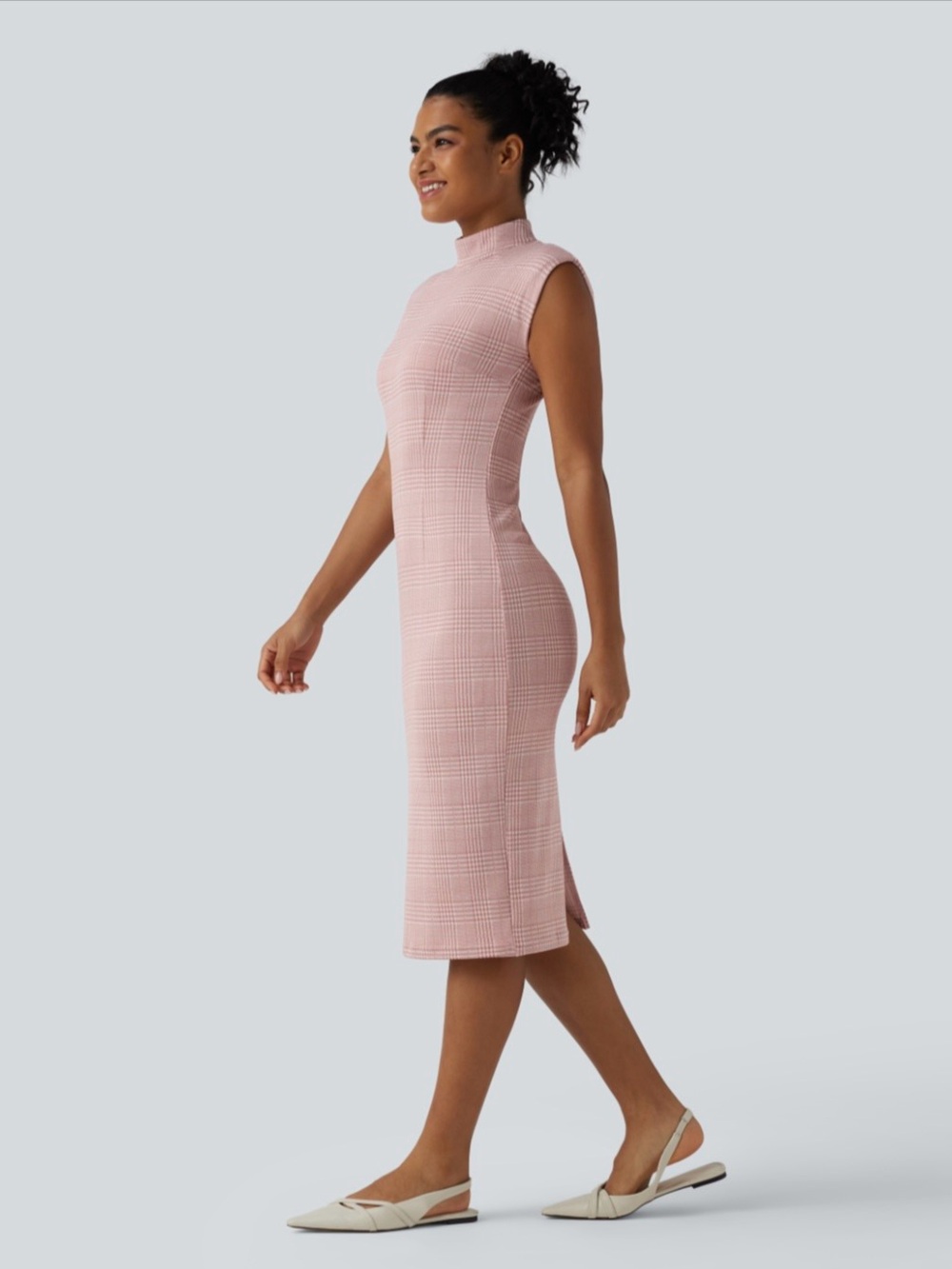 Halara High Neck Sleeveless Bodycon Houndstooth Plaid Midi Work Dress